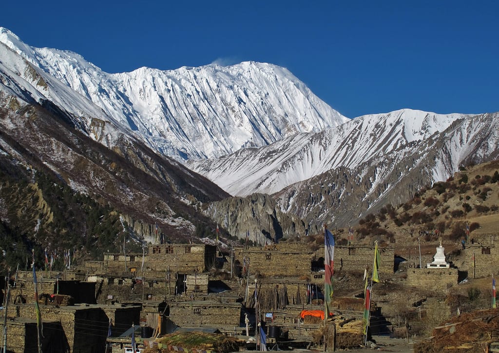 Khangsar and snow Capped tilicho peak